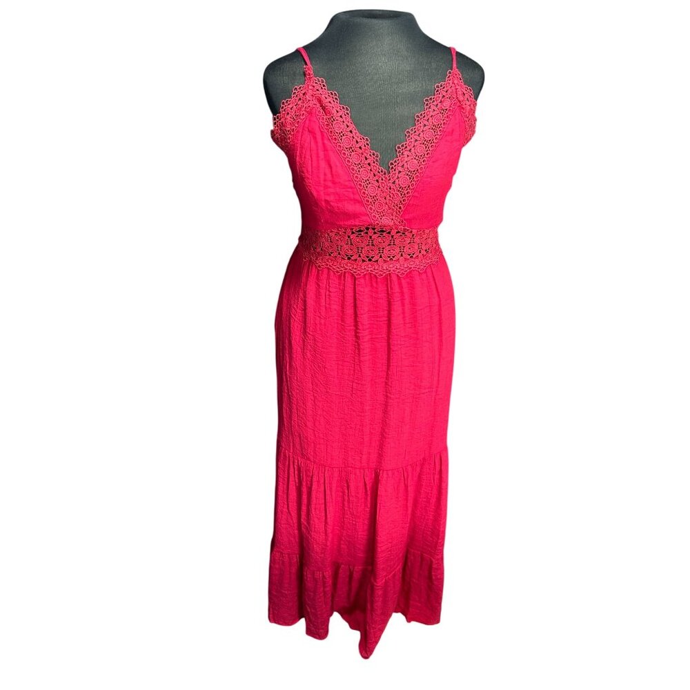 Sleeveless Red Lace Midi Dress With Adjustable Straps & Bow Back Detail
